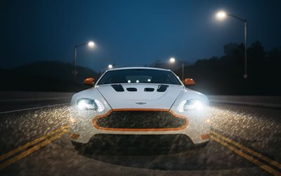 4k, el Aston Martin V12 Vantage S, la noche de 2017, los coches, supercars, faros, Aston Martin
