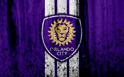4k, FC Orlando City, grunge, MLS, art, Eastern Conference, football club, USA, Orlando City, soccer, stone texture, logo, Orlando City FC