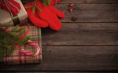 Noel, kırmızı kış eldiven, hediyeler, Noel ağacı, ahşap plakalar