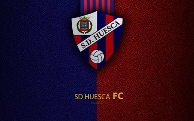 SD Huesca FC, 4K, Spanish Football Club, leather texture, logo, LaLiga2, Segunda Division, Huesca, Spain, Second Division, football