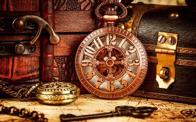 vecchi orologi da tasca, tempo, concetti, retr&#242; cose, bronzo orologi, vecchio tramonto, la grande chiave di ferro