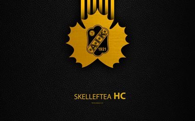 Skelleftea AIK Hockey, 4K, Swedish hockey club, SHL, leather texture, Maple Leaf, logo, Swedish Hockey League, Skellefte&#229;, Sweden, hockey, Elitserien