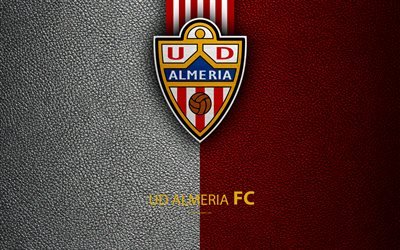UD Almeria FC, 4K, Spanish Football Club, leather texture, logo, LaLiga2, Segunda Division, Almeria, Spain, Second Division, football