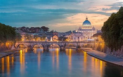 4k, Vatikanen, Saint Peters Basilika, bro, sunset, italienska landm&#228;rken, Rom, Italien