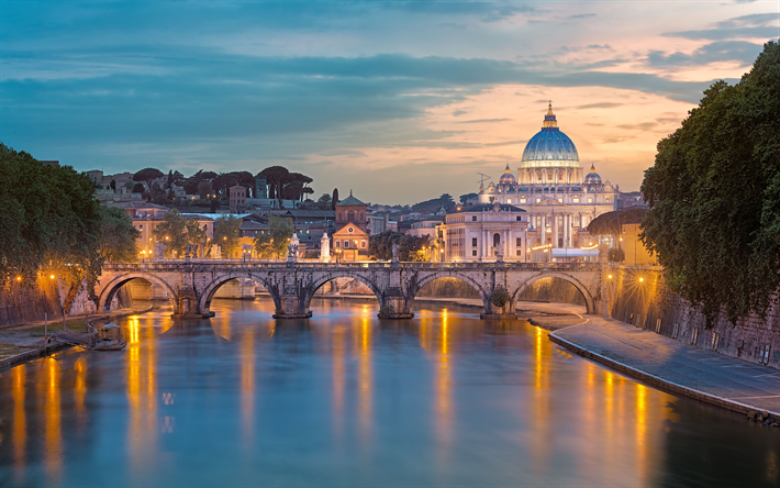 4k, Vatican, Saint Peters Basilica, bridge, sunset, italian landmarks, Rome, Italy