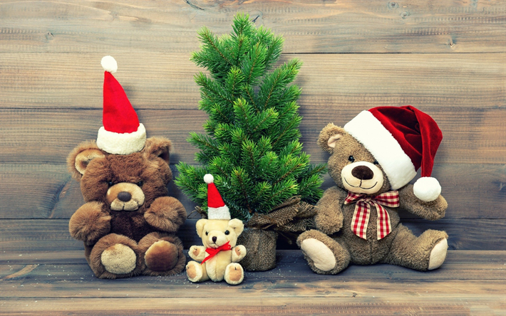 Christmas, New Year, teddy bears, Santa Claus, Christmas tree