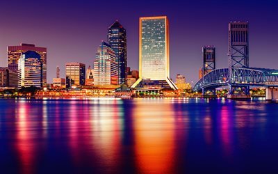 Amerika Tampa, gece, şehir, g&#246;kdelenler, şehir ışıkları, Florida, USA, Amerika Birleşik Devletleri