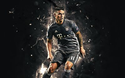 James Rodriguez, black uniform, Bayern Munich FC, colombian footballers, midfielder, soccer, James, Bundesliga, neon lights, Germany