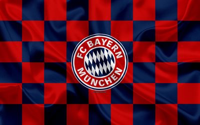 FC Bayern Munich, 4k, logo, creative art, red blue checkered flag, German football club, Bundesliga, emblem, silk texture, Munich, Germany, football