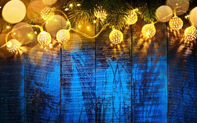 4k, Happy New Year, flashlights, wooden background, Merry Christmas, Xmas, blue background, fir branches