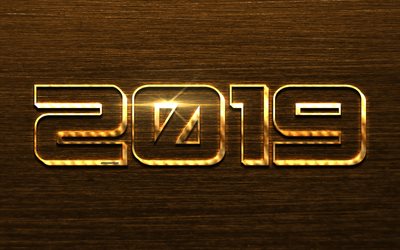 2019 year, creative gold letters, numbers, New Year, brown metallic background, steel texture, golden inscription, 2019 concepts
