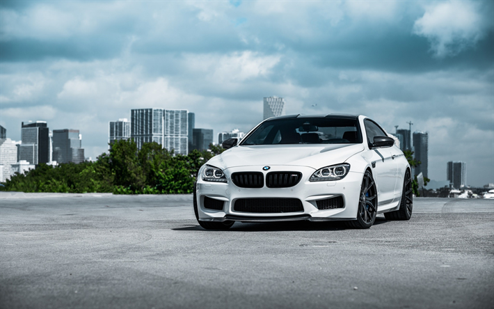 BMW M6, F13, الأبيض الرياضية كوبيه, ضبط, منظر أمامي, جديدة بيضاء M6, السيارات الألمانية, BMW