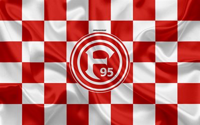 Fortuna Düsseldorf, 4k, logo, yaratıcı sanat, kırmızı ve beyaz damalı bayrak, Alman Futbol Kulübü, Bundesliga, amblem, ipek doku, Düsseldorf, Almanya, futbol, Dusseldorf FC