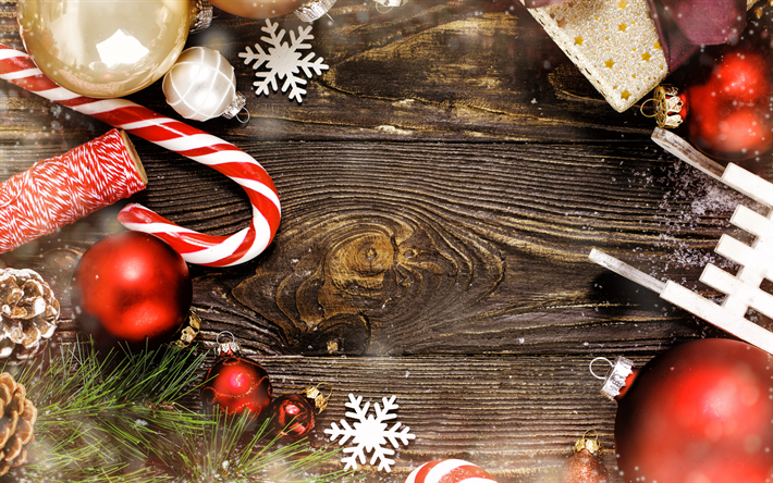Natal moldura, madeira de fundo, textura de madeira, Decora&#231;&#227;o de natal, Ano Novo, bolas, Natal