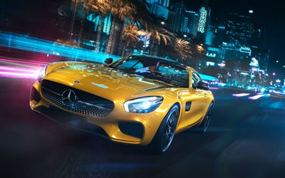 Mercedes-Benz AMG GT, night, street, 2018 cars, supercars, yellow mercedes, german cars, Mercedes