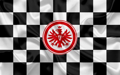 Eintracht Frankfurt, 4k, logo, creative art, black and white checkered flag, German football club, Bundesliga, emblem, silk texture, Frankfurt am Main, Germany, football, Eintracht FC