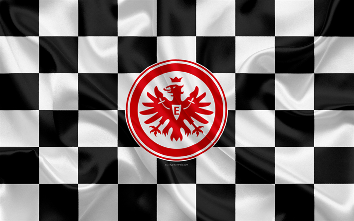 Eintracht Francoforte, 4k, logo, creativo, arte, bianco e nero, bandiera a scacchi, il club di calcio tedesco, la Bundesliga, emblema, seta, texture, Frankfurt am Main, Germania, calcio, FC Eintracht