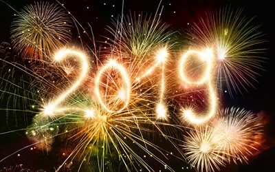 2019 Year, fireworks, creative concepts, New Year, 2019 concepts, fireworks in the sky, Happy New Year