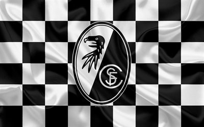 SC Freiburg, 4k, logo, creative art, black and white checkered flag, German football club, Bundesliga, emblem, silk texture, Freiburg, Germany, football, Freiburg FC