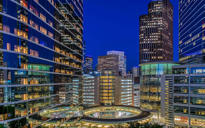 Houston, akşam, g&#246;kdelenler, modern bina, Amerikan şehirleri, Texas, ABD