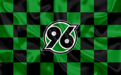 Hannover 96, 4k, logo, creative art, green black checkered flag, German football club, Bundesliga, emblem, silk texture, Hannover, Germany, football, Hannover FC