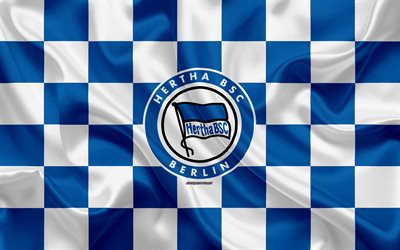 Hertha BSC, 4k, logo, creative art, blue white checkered flag, German football club, Bundesliga, emblem, silk texture, Berlin, Germany, football, Hertha Berlin FC