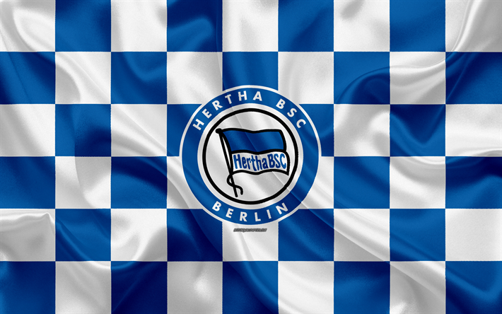Hertha BSC, 4k, logotyp, kreativ konst, bl&#229;-vit rutig flagga, Tysk fotboll club, Bundesliga, emblem, siden konsistens, Berlin, Tyskland, fotboll, Hertha Berlin-FC