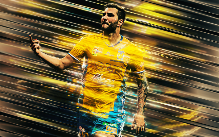 Andre Pierre Gignac, 4k, creative art, blades style, Tigres UANL, French footballer, MX League, Mexico, yellow background, lines art, football
