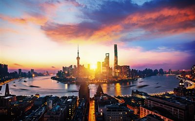 4k, Huangpu River, sunset, modern buildings, skyscrapers, Lujiazui Nig, Shanghai, China, Asia