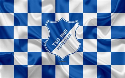 TSG 1899 Hoffenheim, 4k, logo, creative art, blue white checkered flag, German football club, Bundesliga, emblem, silk texture, Hoffenheim, Germany, football, Hoffenheim FC