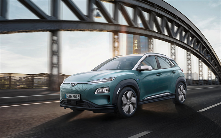 Hyundai Kona, 2019, s&#228;hk&#246;inen crossover, ulkoa, s&#228;hk&#246;auto, uusi sininen Kona, Korealaisia autoja, Hyundai