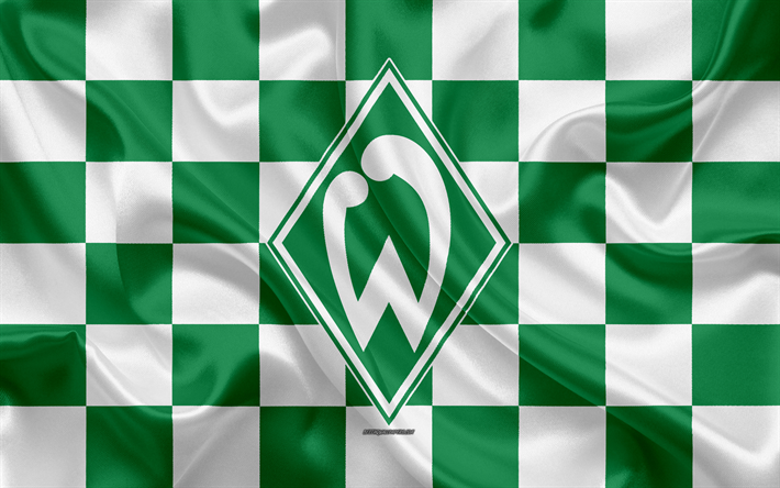 SV Werder Bremen, 4k, logo, art cr&#233;atif, vert, blanc drapeau &#224; damier, club de football allemand, de la Bundesliga, embl&#232;me de la, soie, texture, Br&#234;me, en Allemagne, le football, le Werder de Br&#234;me