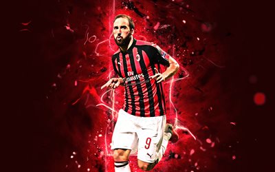 Gonzalo Higuain, goal, striker, AC Milan, argentine footballers, forward, soccer, Serie A, Higuain, neon lights, Milan FC, creative