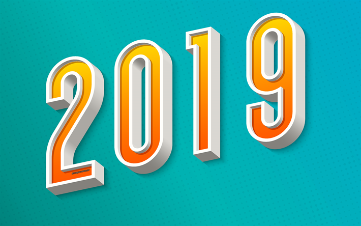 2019 year, 3d letters, creative art, 3d inscription, Happy New Year, 2019 concepts, blue background, retro style, 2019 new year