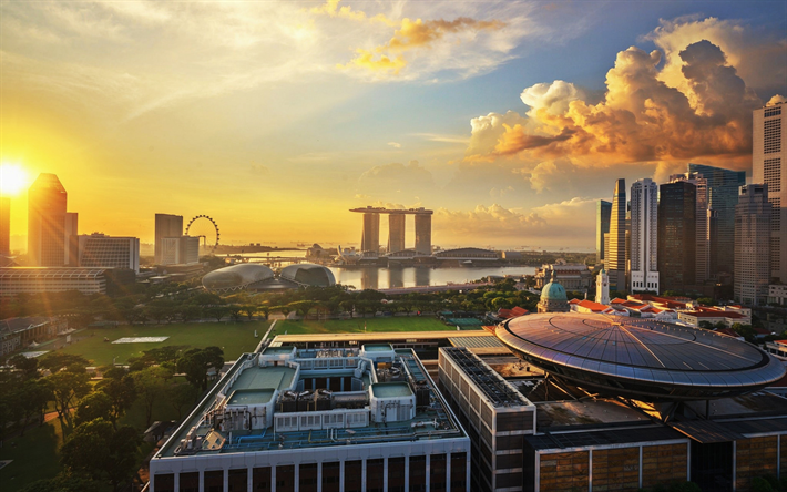Singapur, Marina Bay Sands, sunrise, g&#246;kdelenler, oteller, Asya, sabah