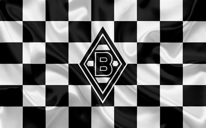 Borussia Monchengladbach, 4k, logo, creative art, black and white checkered flag, German football club, Bundesliga, emblem, silk texture, Monchengladbach, Germany, football