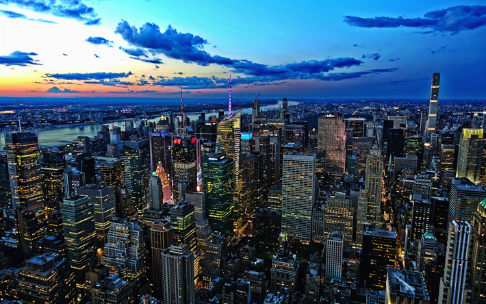 4k, Manhattan, puesta de sol, HDR, Nueva York, los rascacielos anochecer, edificios modernos, NY, estados UNIDOS, Am&#233;rica