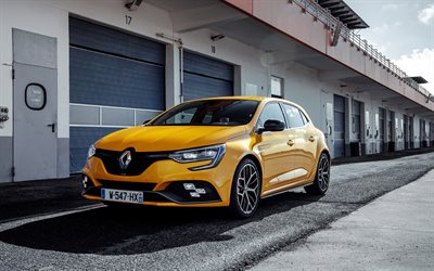 Renault Megane RS Trophy, 2019, yellow hatchback, new yellow, racetrack, garages, french cars, Renault