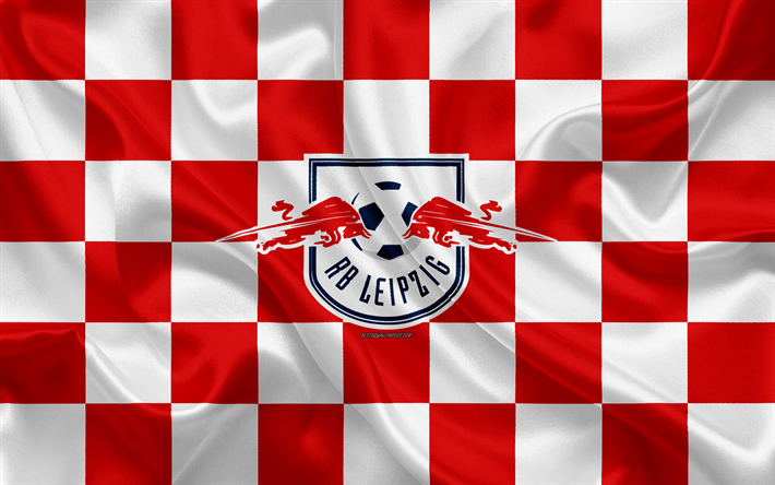RB Leipzig, 4k, logo, arte criativa, vermelho e branco da bandeira quadriculada, Alem&#227;o clube de futebol, Bundesliga, emblema, textura de seda, Leipzig, Alemanha, futebol