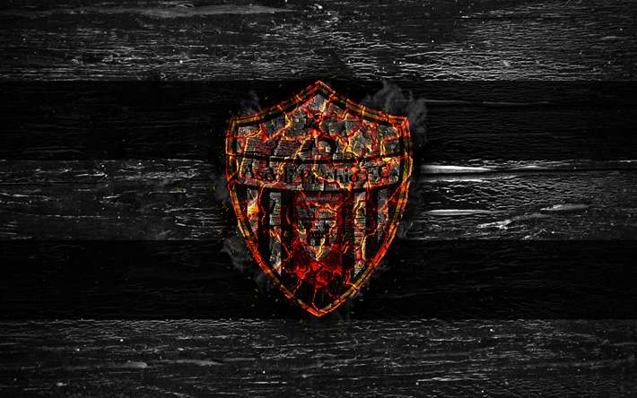 Ascoli Calcio FC, fire logo, Serie B, white and black lines, grunge, Italian football club, soccer, logo, Ascoli Calcio 1898, football, wooden texture, Italy