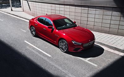 Maserati Ghibli S, 2019, red sedan, top view, new red Ghibli S, italian cars, Maserati