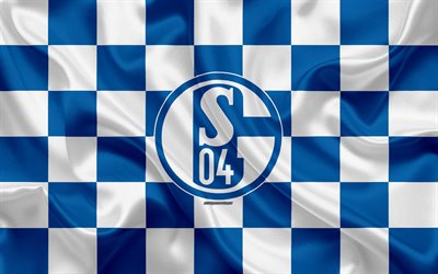 Schalke 04, FC Gelsenkirchen-Schalke 04, 4k, logo, creative art, blue white checkered flag, German football club, Bundesliga, emblem, silk texture, Gelsenkirchen, Germany, football, Schalke