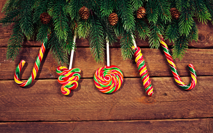 Mutlu Noeller, 4k, şeker, ahşap, arka plan, k&#246;knar ağacı, dalları, Noel, Noel dekorasyon, Mutlu noeller
