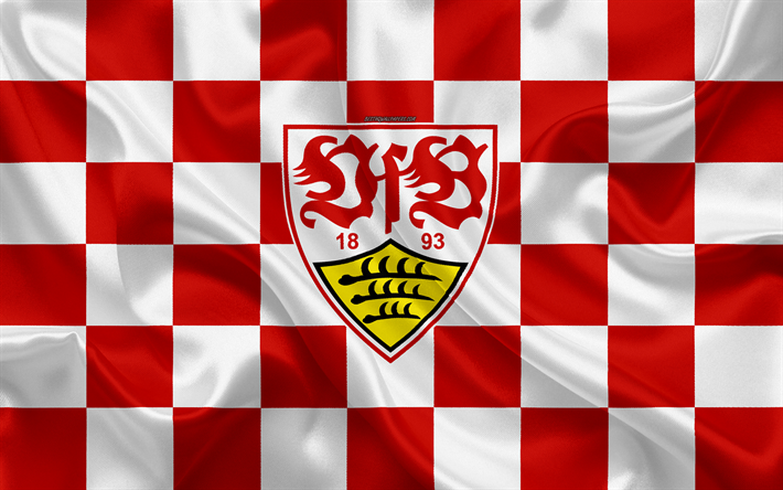 VfB Stuttgart, 4k, logotipo, arte creativo, rojo y blanco de la bandera a cuadros, el club de f&#250;tbol alem&#225;n, de la Bundesliga, con el emblema de la seda textura, Stuttgart, Alemania, el f&#250;tbol, Stuttgart FC