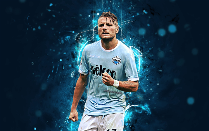 Ciro Immobile, para a frente, italiano de futebol, SS Lazio, futebol, Serie A, Propriedade, luzes de neon, a arte abstrata, Lazio FC