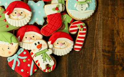 Christmas cookies, New Year, wooden background, cookies, Santa Claus, Christmas