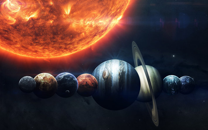 Planetas do sistema solar, arte, Sol, espa&#231;o, todos os planetas, estrelas, planet&#225;rio de linha, sistema solar