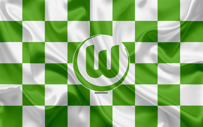 Le VfL Wolfsburg, 4k, logo, art cr&#233;atif, vert, blanc drapeau &#224; damier, club de football allemand, de la Bundesliga, embl&#232;me de la, soie, texture, Wolfsburg, en Allemagne, le football