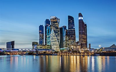 4k, Moscow City, business center, modern buildings, sunset, cityscapes, Russia, skyscrapers, Moscow