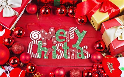 4k, Merry Christmas, red balls, red background, gifts, Christmas, xmas decorations, Merry Xmas